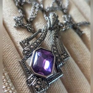 Avon amethyst and marcasite long pendant necklace